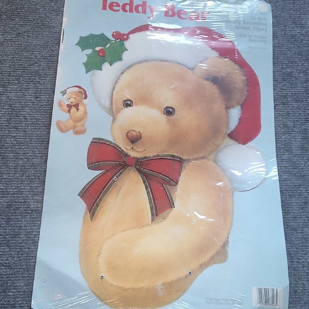 Vintage Teddy Bear with Santa Hat and Bow Jointed Decoration New Old Stock